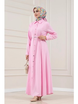 Sevitli Gömlek Yaka Kemerli Berra Elbise-Pembe