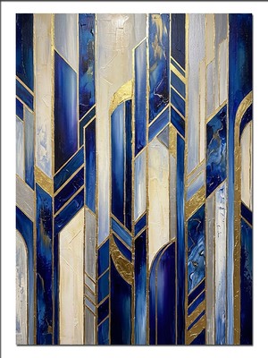 Artmeg Mavi Altın Geometrik Art Deco Dekoratif Kanvas - Mdf Ahşap Tablo