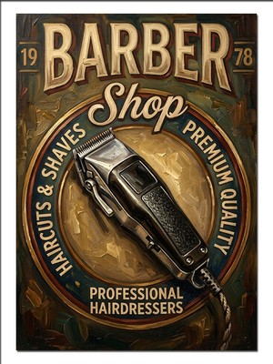 Artmeg Berber Shop Tıraş Makinesi Logo Dekoratif Kanvas - Mdf Ahşap Tablo