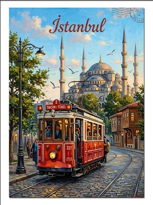 Tablomega Istanbul Tramvay ve Sultanahmet Camii Dekoratif Kanvas - Mdf Ahşap Tablo