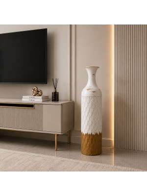Vien Home Dekoratif Metal Yer Vazosu Seramik Görünümlü Beyaz Gold 84 cm