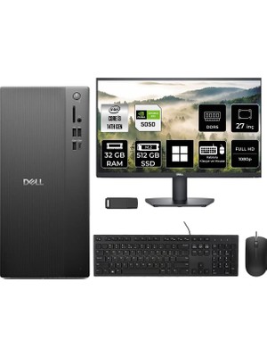 Dell Tower Essential QVT1260 Intel Core I3 14100 Rtx 5050 8gb 32GB Ram 512GB SSD 27" Fhd WIN11 Home BTO001_QVT1260P1165 Masaüstü Bilgisayar + Per4 USB Bellek