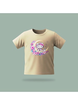 Çocuk Kitty Moon Desenli Baskılı Tişört %100 Pamuk Süprem Kumaş - Krem