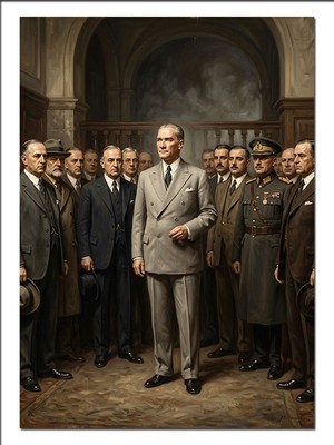 Tablomega Atatürk ve Askerler Tarihi Toplantı Dekoratif Kanvas - Mdf Ahşap Tablo