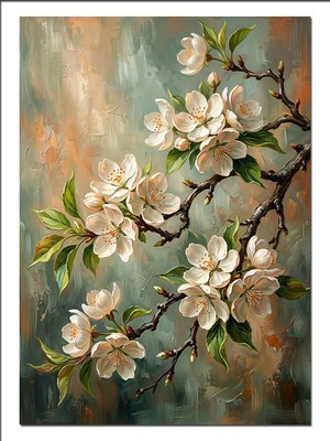 Tablomega Beyaz Çiçek Dalı Pastel Tablo Dekoratif Kanvas - Mdf Ahşap Tablo