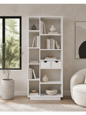 Arnetti Luma Kitaplık Beyaz | 10 Raflı 2 Kapaklı Çok Amaçlı Kitaplık ve Depolama Dolabı