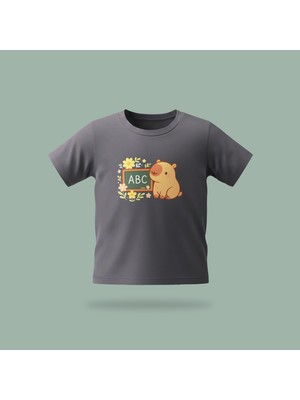 Çocuk Capybara Abc Desenli Baskılı Tişört %100 Pamuk Süprem Kumaş - Antrasit