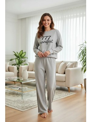 Hace Bazaar Marsilyan- Kadın Gri Manifest Oversize 2 Iplik Eşofman Ev Giyim Takımı