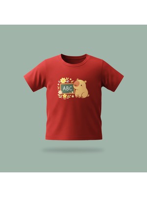 Çocuk Capybara Abc Desenli Baskılı Tişört %100 Pamuk Süprem Kumaş - Kırmızı