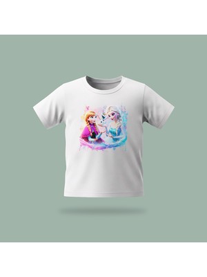 Çocuk Elsa Karlar Kraliçesi Frozen With Olaf Desenli Baskılı Tişört %100 Pamuk Süprem Kumaş - Beyaz