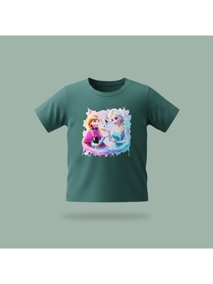 Çocuk Elsa Karlar Kraliçesi Frozen With Olaf Desenli Baskılı Tişört %100 Pamuk Süprem Kumaş - Yeşil