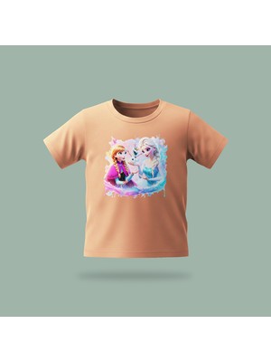 Çocuk Elsa Karlar Kraliçesi Frozen With Olaf Desenli Baskılı Tişört %100 Pamuk Süprem Kumaş - Somon