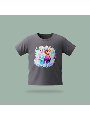 Çocuk Elsa Karlar Kraliçesi Frozen Buz Çiçekleri Desenli Baskılı Tişört %100 Pamuk Süprem Kumaş - Antrasit