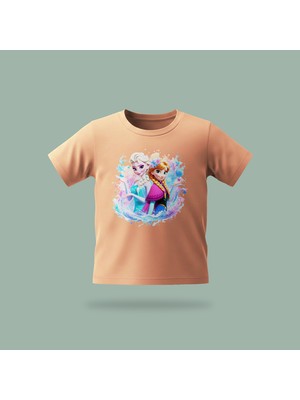 Çocuk Elsa Karlar Kraliçesi Frozen Buz Çiçekleri Desenli Baskılı Tişört %100 Pamuk Süprem Kumaş - Somon