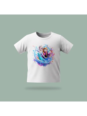 Çocuk Elsa Karlar Kraliçesi Frozen Sihirli Buz Dalgası Desenli Baskılı Tişört %100 Pamuk Süprem Kumaş - Beyaz