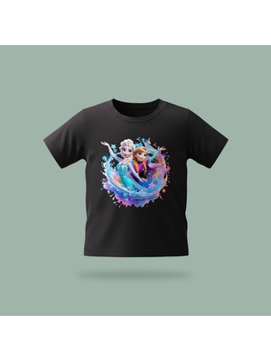 Çocuk Elsa Karlar Kraliçesi Frozen Sihirli Buz Dalgası Desenli Baskılı Tişört %100 Pamuk Süprem Kumaş - Siyah