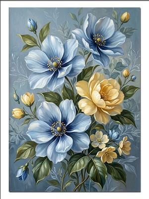 Tablomega Mavi Beyaz Çiçekler Pastel Buket Dekoratif Kanvas - Mdf Ahşap Tablo