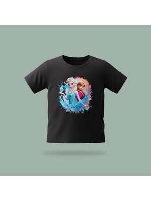 Çocuk Elsa Karlar Kraliçesi Frozen Kristal Su Büyüsü Desenli Baskılı Tişört %100 Pamuk Süprem Kumaş - Siyah