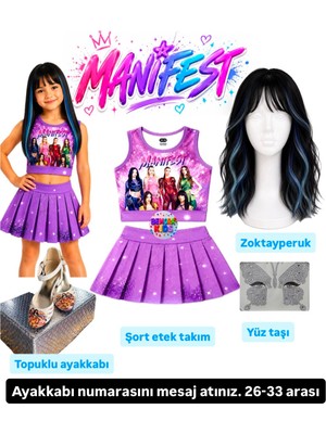 Bemora Kids Manifest Mor Etek Bluz Alt Üst 2 Li Takım Şort Etek Takım Manifest Zoktay Peruk - Yüz Taşı Seti - Manifest Topuklu Ayakkabı Parti Konser Doğum Günü Plaj Giyim