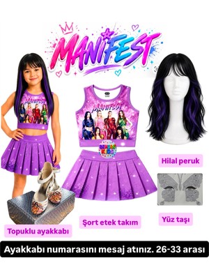 Bemora Kids Manifest Mor Etek Bluz Alt Üst 2 Li Takım Şort Etek Takım Manifest Hilal Peruk - Yüz Taşı Seti - Manifest Topuklu Ayakkabı Parti Konser Doğum Günü Plaj Giyim