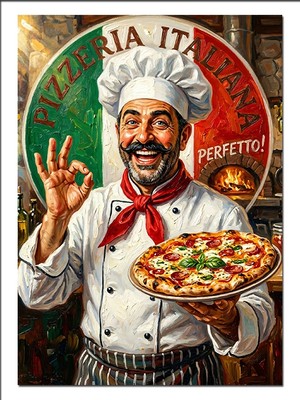 Tablomega Pizza Tutan Neşeli Italyan Aşçı Dekoratif Kanvas - Mdf Ahşap Tablo
