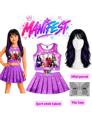 Bemora Kids Manifest Mor Etek Bluz Alt Üst 2 Li Takım Şort Etek Kız Çocuk Alt Üst Takım Manifest Hilal Peruk - Yüz Taşı Seti Parti Konser Doğum Günü Plaj Giyim