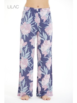 Lilac Konforlu Çiçek Desenli %100 Viscon Pantolon