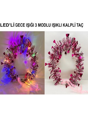 Valor Kalp Püsküllü Gece Parıltısı 3 Modlu Led&amp;#39;li Işıklı Taç Fuşya Renk