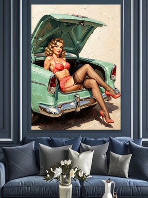 Tablomega Bagajda Oturan Pin Up Bikini Kadın Dekoratif Kanvas - Mdf Ahşap Tablo