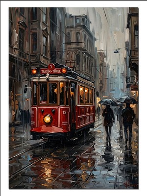 Tablomega Kırmızı Tramvay Yağmurlu Şehir Gece Dekoratif Kanvas - Mdf Ahşap Tablo