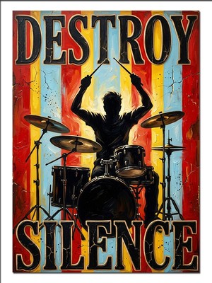 Tablomega Destroy Silence Bateri Silüet Poster Dekoratif Kanvas - Mdf Ahşap Tablo