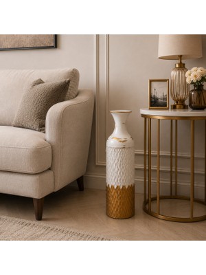 Vien Home Dekoratif Metal Yer Vazosu Seramik Görünümlü Beyaz Gold 50 cm