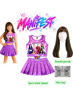Bemora Kids Manifest Mor Etek Bluz Alt Üst 2 Li Takım Şort Etek Kız Çocuk Alt Üst Takım Manifest Sueda Süeda Yeşil Örgülü Peruk - Yüz Taşı Seti Parti Konser Doğum Günü Plaj Giyim