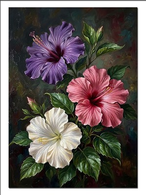 Tablomega Mor Pembe Beyaz Hibiskus Buketi Dekoratif Kanvas - Mdf Ahşap Tablo