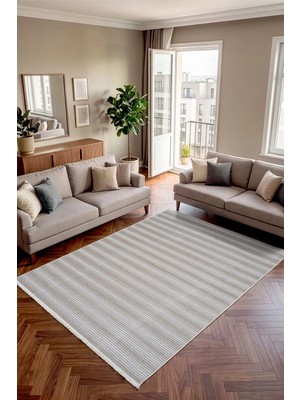 Koza Halı Stripe Krem Kaymaz Taban Tozumaz Halı Kilim Yolluk Salon Oturma Odası Antre Koridor Halısı 33014A, 60 x 100