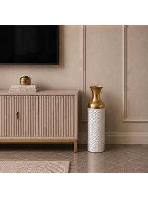 Vien Home Dekoratif Hasır Dokulu Seramik Görünümlü Metal Yer Vazosu Beyaz Gold 50 cm