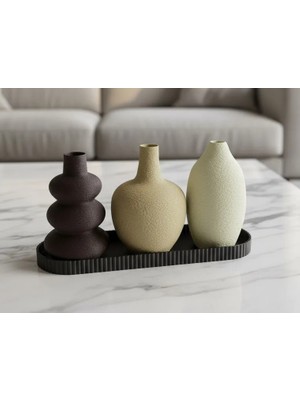 Alvera 3'lü Dekoratif Vazo Seti ve Sunum Tepsisi – Modern Minimalist Masa Dekoru