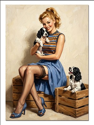 Tablomega Köpek Tutan Sarışın Pin Up Kadın Dekoratif Kanvas - Mdf Ahşap Tablo