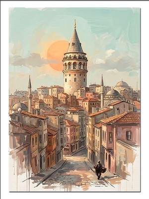 Tablomega Galata Kulesi Istanbul Gün Batımı Dekoratif Kanvas - Mdf Ahşap Tablo