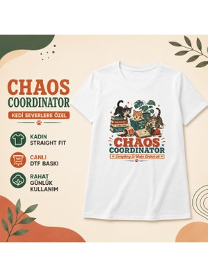 Tişört Kodu Chaos Coordinator Kedi Baskılı Kadın Straight Fit Beyaz Tişört