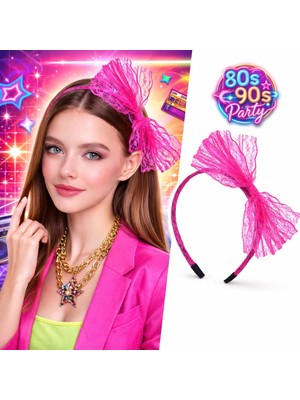 Valor 80’ler 90’lar Neon Pembe Dantel Taç Fiyonklu
