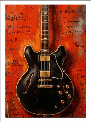 Tablomega Blues Gitar Nota Kağıdı Turuncu Dekoratif Kanvas - Mdf Ahşap Tablo