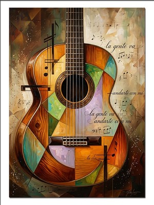 Tablomega Patchwork Gitar Nota Kağıdı Tablo Dekoratif Kanvas - Mdf Ahşap Tablo