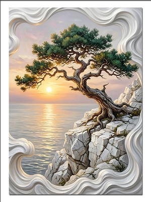 Tablomega Bonsai Ağaç ve Kayalık Gün Batımı Dekoratif Kanvas - Mdf Ahşap Tablo
