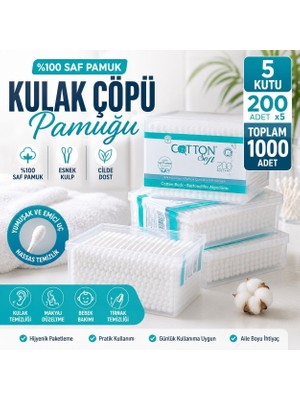 Trendhane 5 Kutu 1000 Adet Pamuklu Çubuk – 200’LÜ Hijyenik Kutulu Kulak Temizleme Pamuğu, Yumuşak Uçlu Çok Amaçlı Bakım ve Makyaj Çubuğu