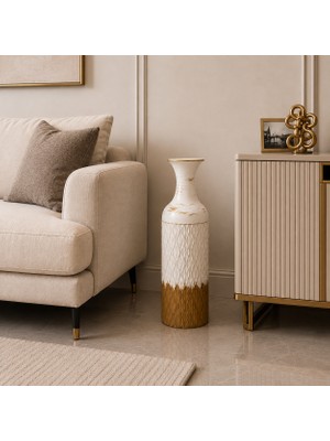 Vien Home Dekoratif Metal Yer Vazosu Seramik Görünümlü Beyaz Gold 66 cm