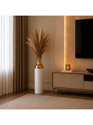 Vien Home Ekoratif Hasır Dokulu Seramik Görünümlü Metal Yer Vazosu Beyaz Gold 66 cm