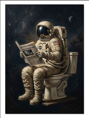 Tablomega Astronot Tuvalette Gazete Okuyan Dekoratif Kanvas - Mdf Ahşap Tablo
