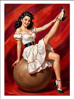 Tablomega Pin Up  Kadın Top Üzerinde  Dekoratif Kanvas - Mdf Ahşap Tablo