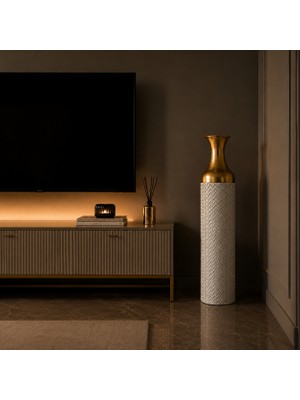 Vien Home Dekoratif Hasır Dokulu Seramik Görünümlü Metal Yer Vazosu Beyaz Gold 84 cm